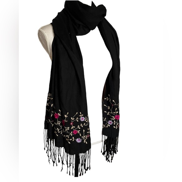 Long Scarf Embroidered Floral Shawl Wrap Black Pink Purple Tan Fringe - Picture 3 of 9